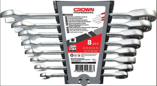 Набор ключей с трещоткой и шарниром CROWN CPHWS-XB8, 8 предметов