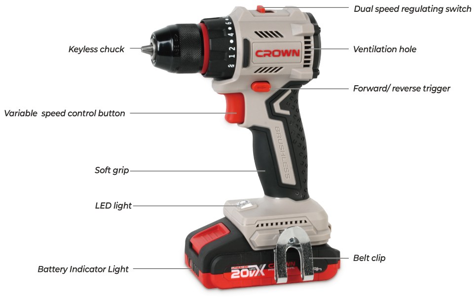 Акумуляторний дриль-шуруповерт CROWN CT21131XS, 20 В, 2.0 А·год, 10 мм