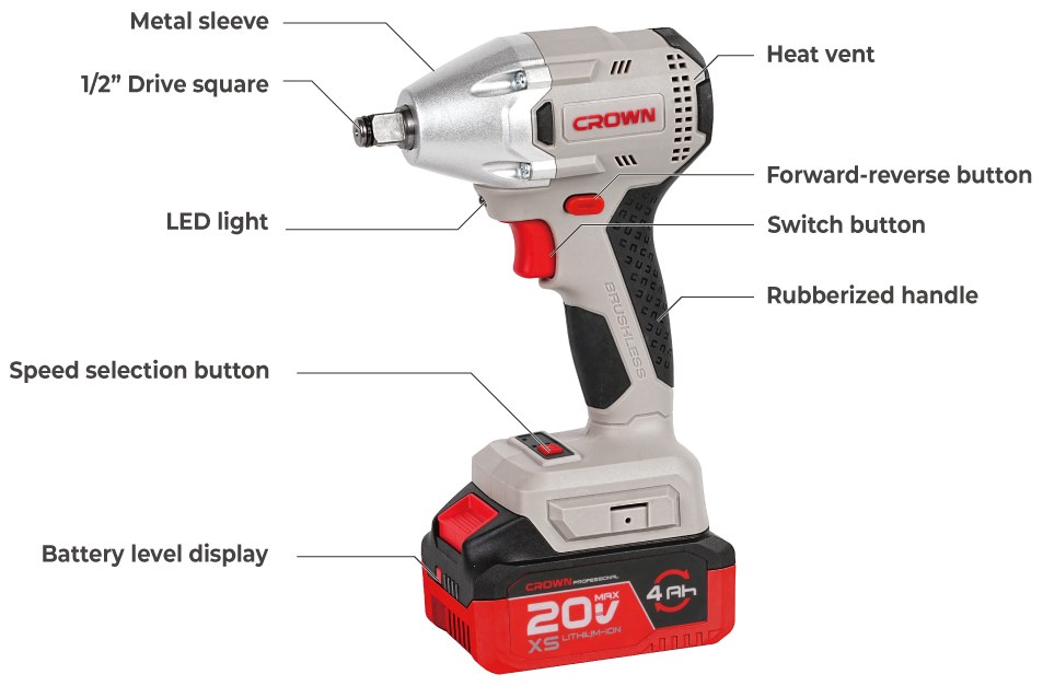 Аккумуляторный бесщёточный ударный гайковёрт CROWN CT22046XS-4C2TB, 20 В, 350 Н·м