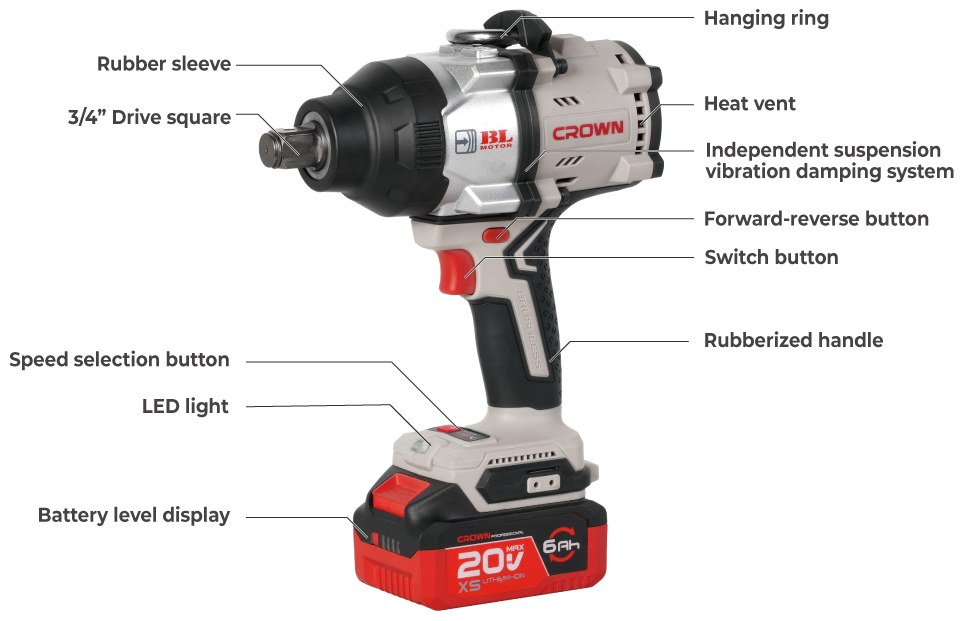 Аккумуляторный ударный гайковёрт CROWN CT22056XS