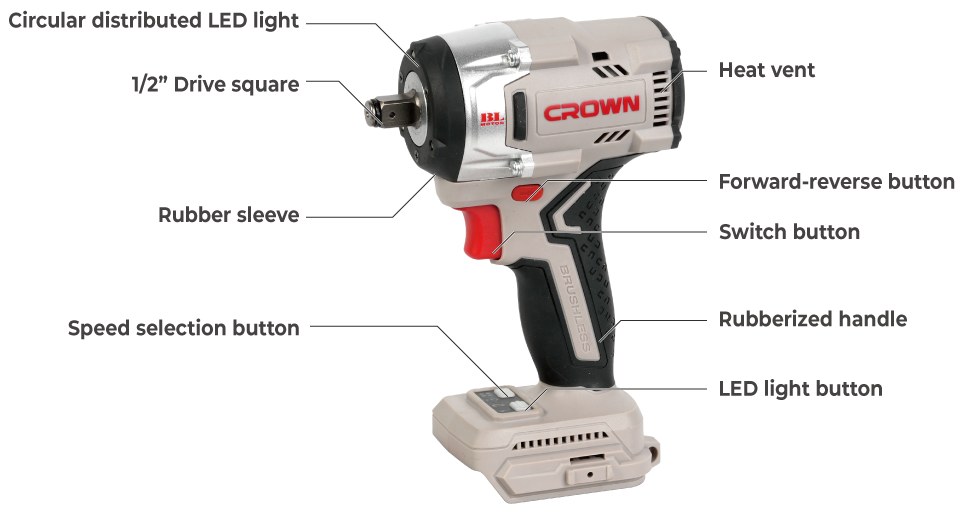 Аккумуляторный ударный гайковёрт CROWN CT22062XS-4C2 BMC