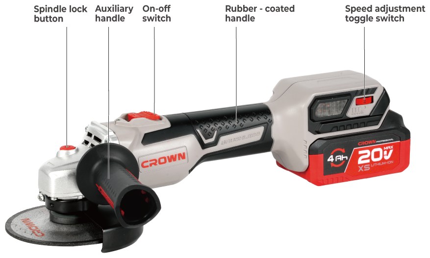 Аккумуляторная углошлифовальная машина (болгарка) CROWN CT23028-125XS-4 BMC, 20 В, 4.0 А·ч, 125 мм