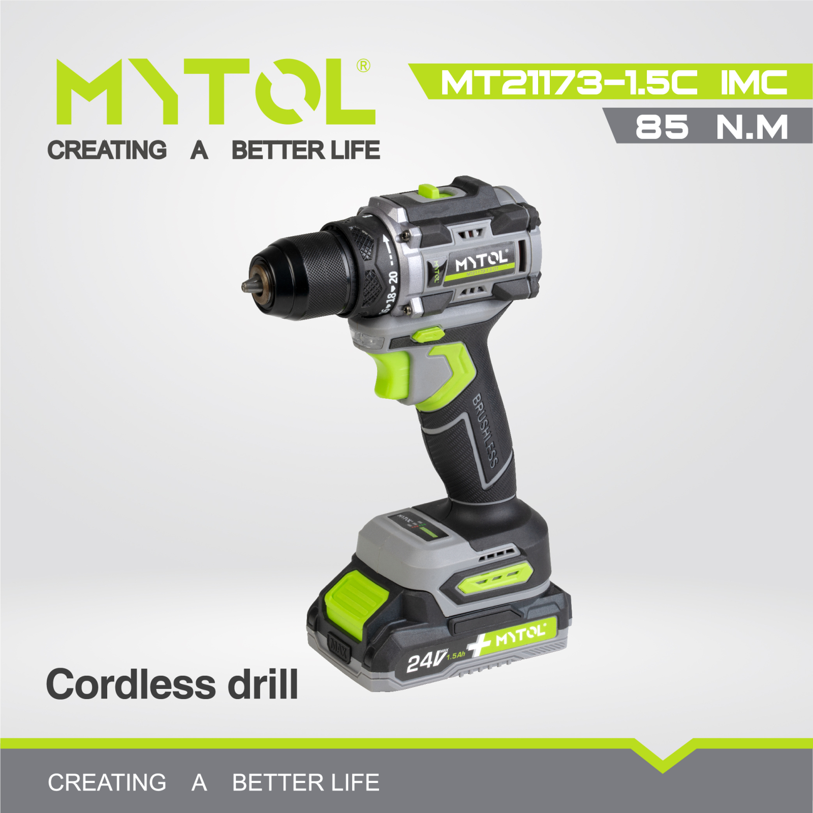 Акумуляторний дриль-шуруповерт безщітковий MYTOL MT21173-1.5C1 IMC-24, 21 В, 59 Нм, патрон 10 мм